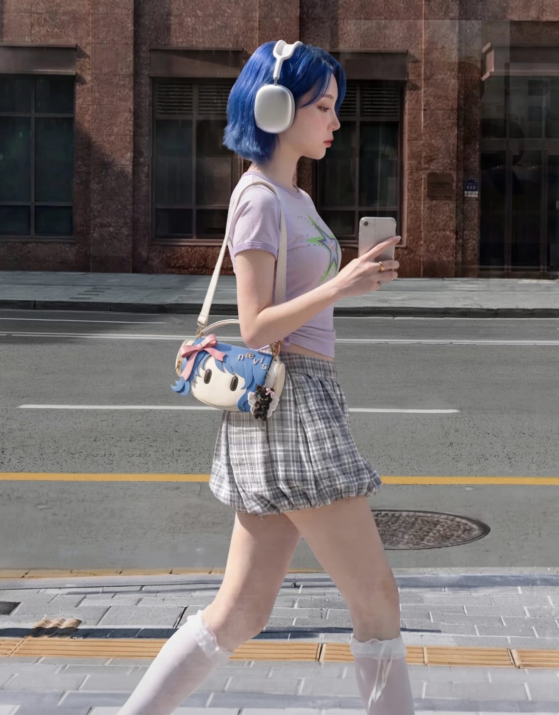 파란 머리에 헤드폰을 쓰고 휴대폰을 보며 거리를 걷는 사람
